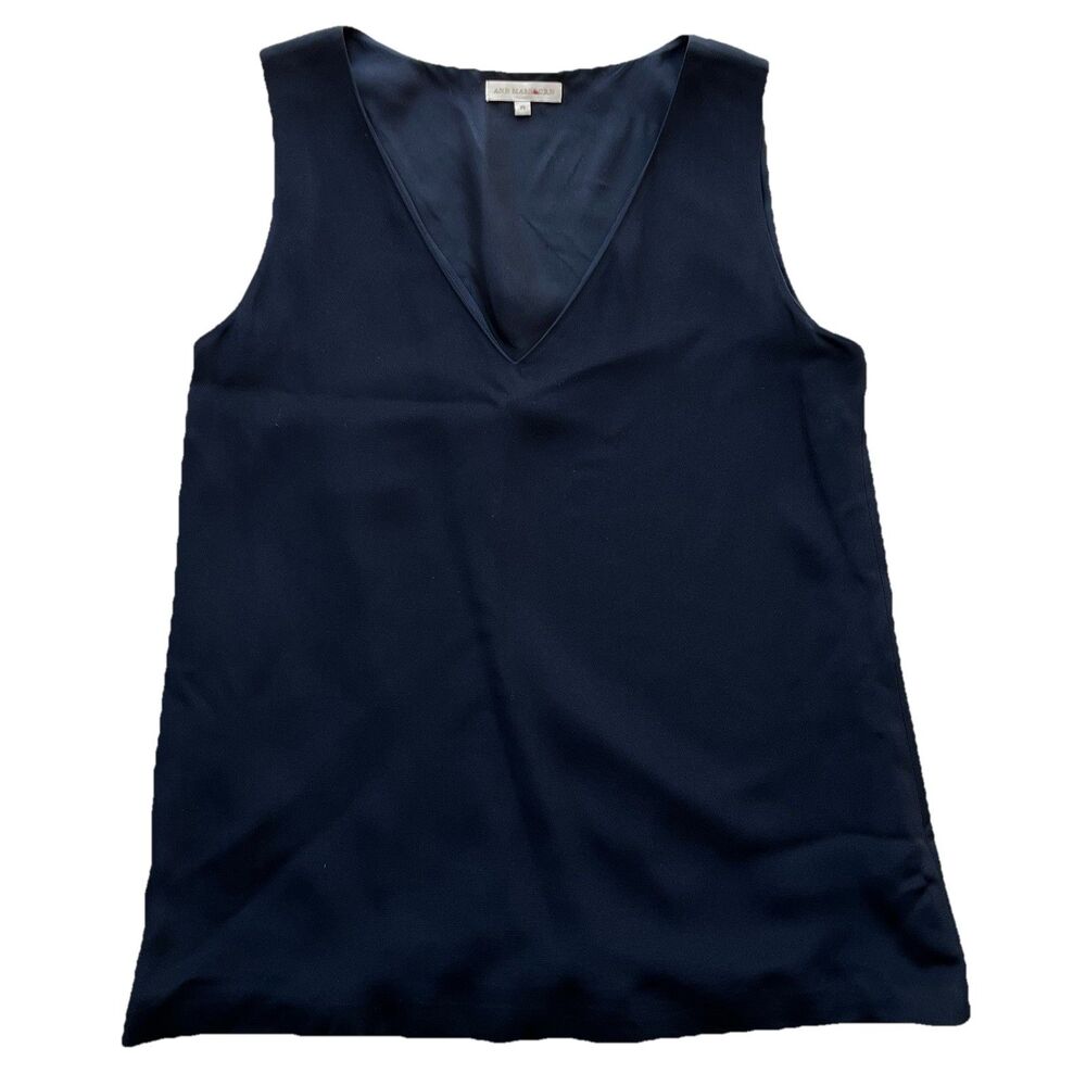Ann Mashburn Navy 100% Silk Blouse V-Neck Sleeveless Sz M Tank Top Dense Luxury